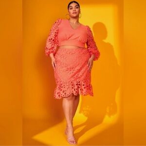 Eloquii Coral Skirt Set with Lace Details